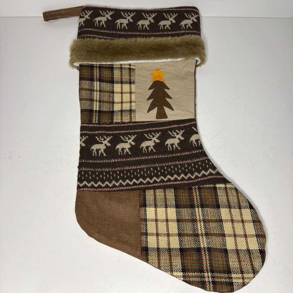 Moose Christmas Stocking Cabin North Woods Country Plaid Faux Fur 19"